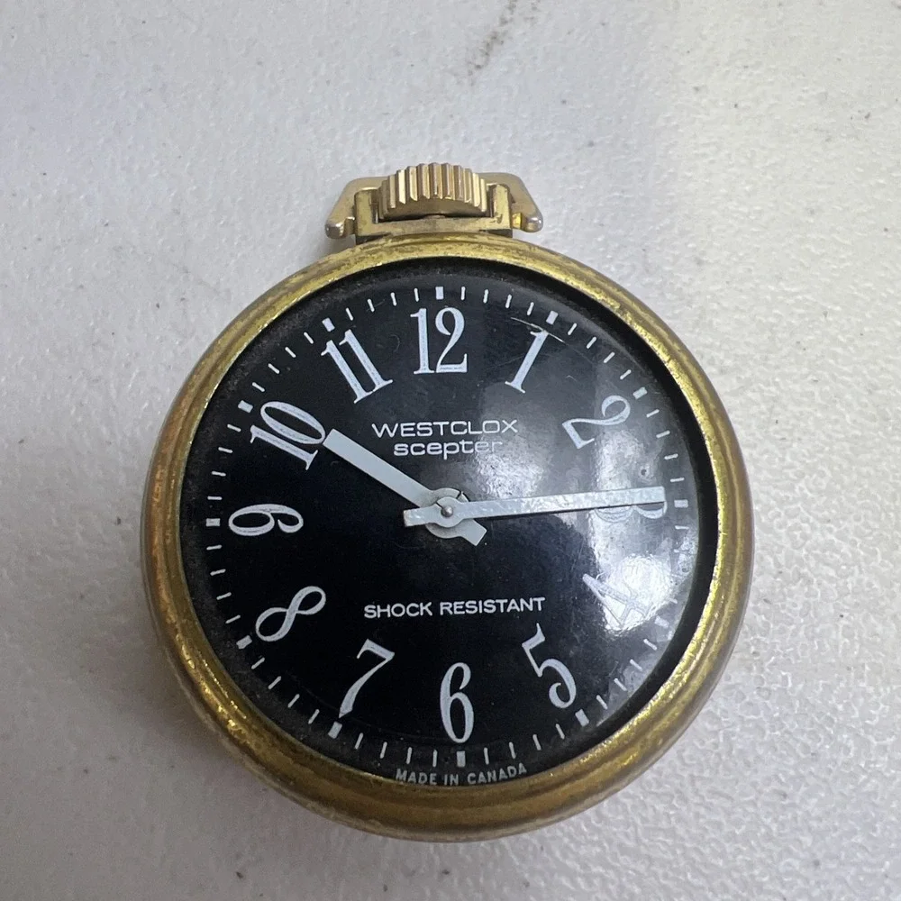Vintage Westclox Scepter Black Face Pocket Watch Can Wind Set Ticking Running